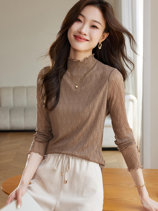 【年终特卖】熙世界肌理蕾丝打底衫女2025秋冬新款花边半高领内搭长袖T恤上衣 商品图5