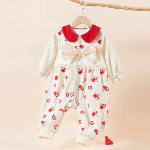 贝贝怡童装婴儿针织前开连体衣女宝宝樱桃印花哈衣春秋款宝宝上衣ZB3CL003 商品图0