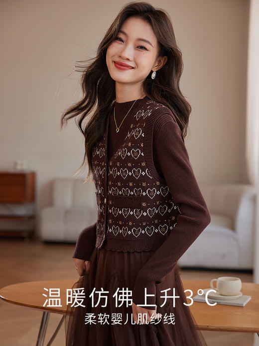 【专属特价】熙世界美拉德秋冬套装新款提花针织马甲开衫内搭打底毛衣两件套 商品图3