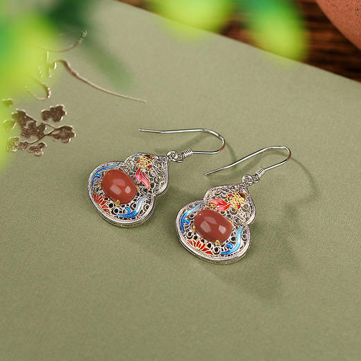【金鱼葫芦】S925银镀金南红景泰蓝花丝镂空耳饰【CW-EG01835】 商品图1