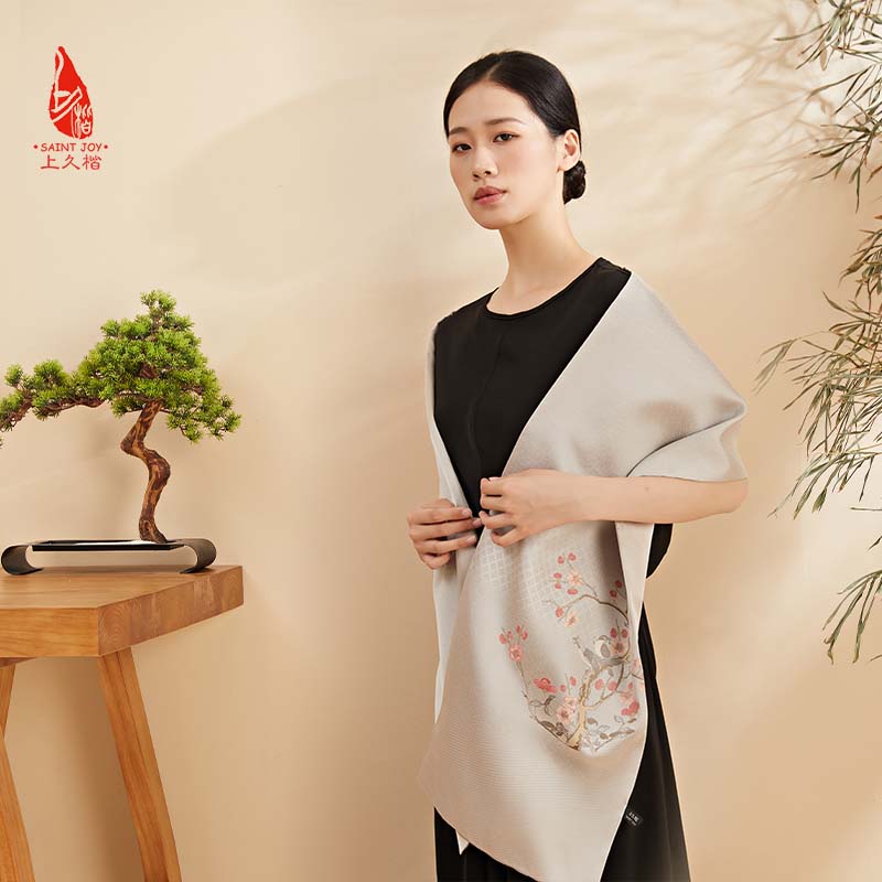 SAINTJOY上久楷 宋锦双面长巾 粉彩梅雀纹· SJ17127
