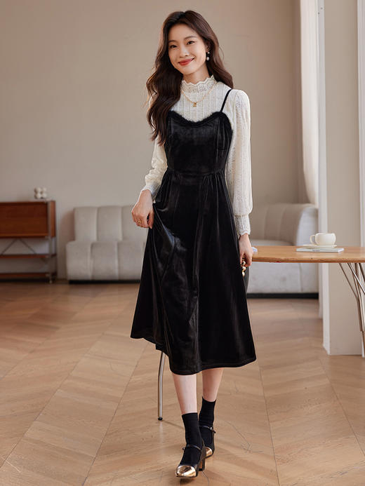 【年终特卖】熙世界高端金丝绒吊带连衣裙女秋冬季水貂毛V领无袖收腰显瘦裙子 商品图4