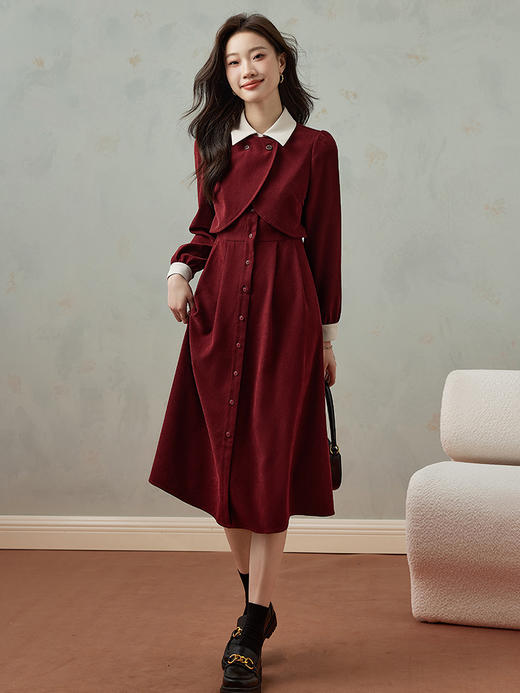 【年终特卖】熙世界马甲式假两件红色连衣裙女高级感秋冬磨绒法式赫本中长裙子 商品图4