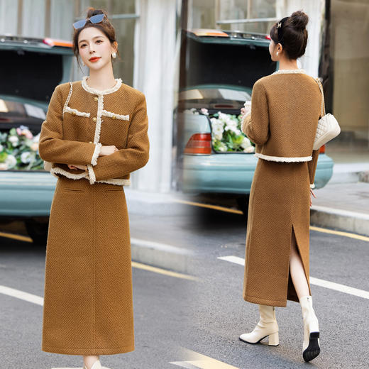 新款冬装，白鸭绒粗花呢套装拼接织带羽绒服HR-YJLY9007 商品图2