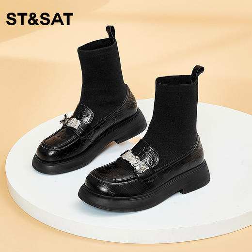 星期六时尚魅力通勤压纹厚底中筒女靴SS34116226 商品图0