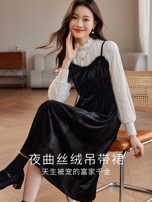 【年终特卖】熙世界高端金丝绒吊带连衣裙女秋冬季水貂毛V领无袖收腰显瘦裙子 商品图1