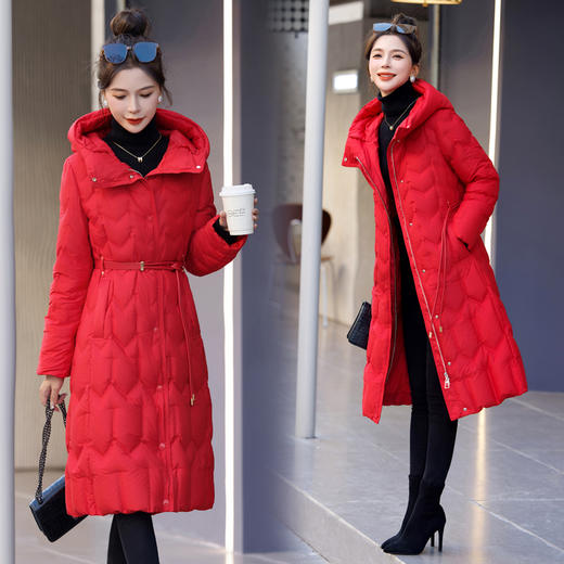 气质爆款，连帽保暖90白鸭绒新款冬装修身系带长款羽绒服（配腰带）HR-YJLY9018 商品图3
