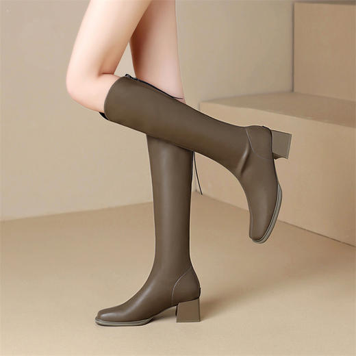 ZHR长筒靴V型简约风女靴2023新款后拉链长靴加绒骑士靴粗跟瘦瘦靴 商品图7