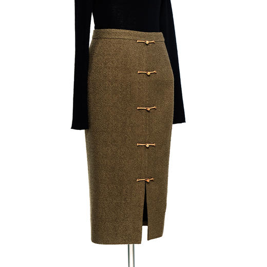 荷言HEYEN 阳关 咖啡色棕色羊毛呢旗袍盘扣开衩半裙老钱风新中式高级定制 商品图3