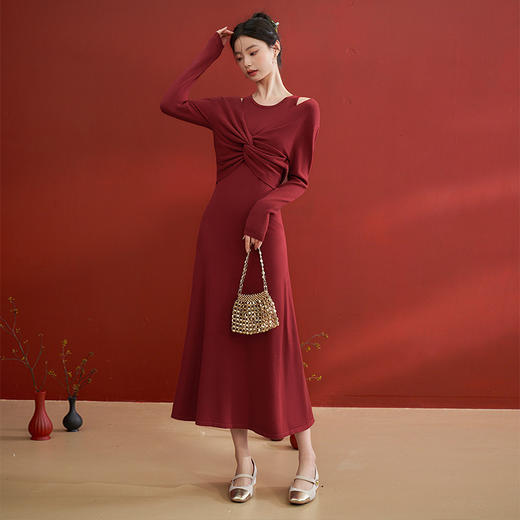 西遇法式无袖针织连衣裙两件套女新款扭结长袖外套修身裙D0140003 商品图1