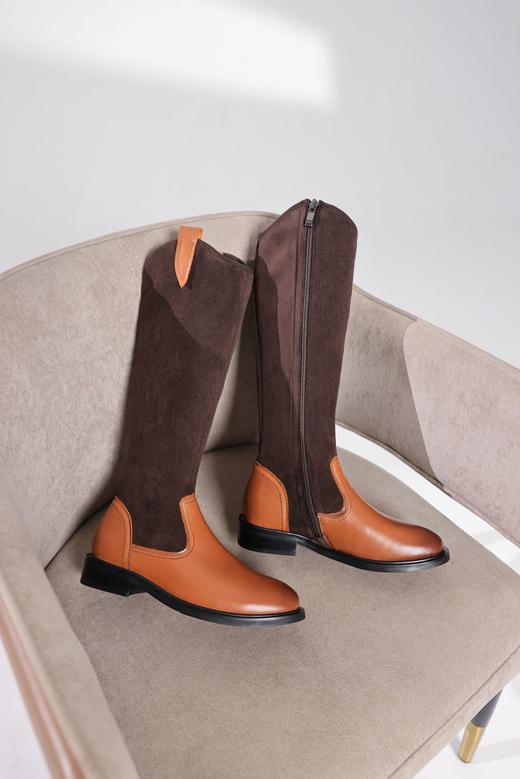 JEHURFIE复古拼接长筒靴头层牛皮法式优雅西部靴AB22971 商品图1