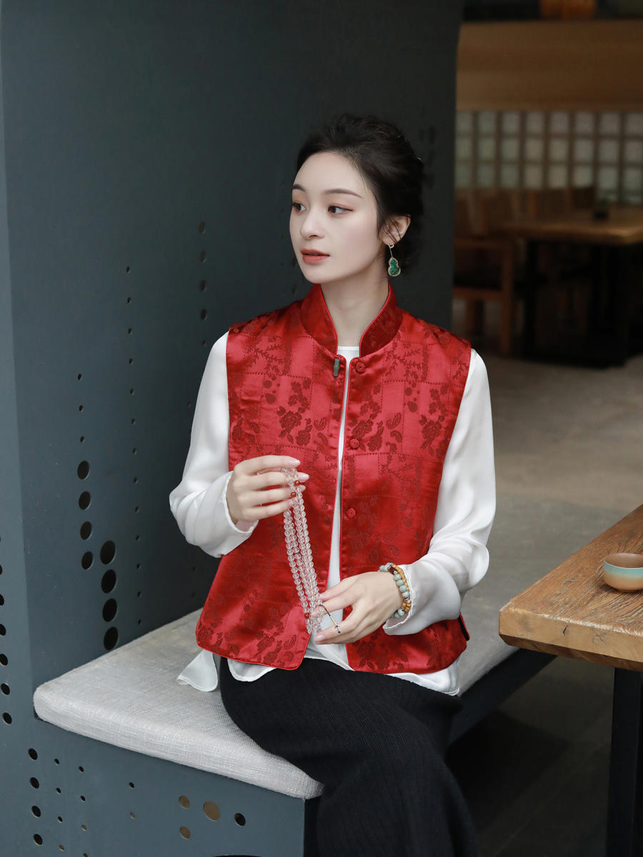 盛唐牡丹 |真丝提花立领马甲 (不夹棉）