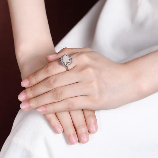 【清扬婉兮】S925银镀金和田玉白玉花丝如意镂空戒指耳钉【CW-ED02938】 商品图3