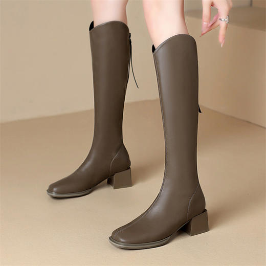 ZHR长筒靴V型简约风女靴2023新款后拉链长靴加绒骑士靴粗跟瘦瘦靴 商品图6