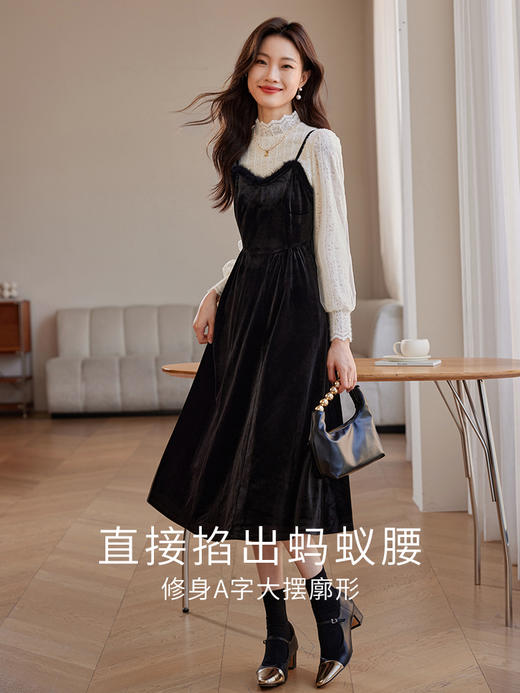 【年终特卖】熙世界高端金丝绒吊带连衣裙女秋冬季水貂毛V领无袖收腰显瘦裙子 商品图2