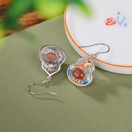【金鱼葫芦】S925银镀金南红景泰蓝花丝镂空耳饰【CW-EG01835】 商品图2