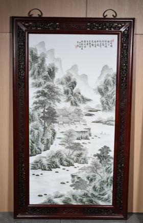 釉中彩青绿山水瓷板