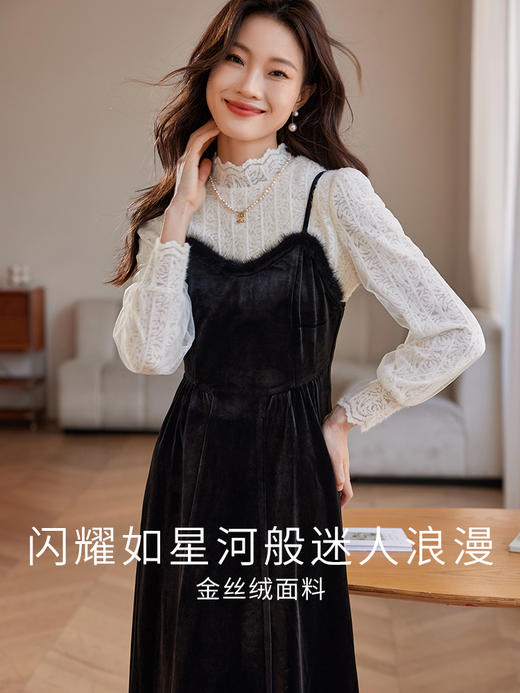 【年终特卖】熙世界高端金丝绒吊带连衣裙女秋冬季水貂毛V领无袖收腰显瘦裙子 商品图3