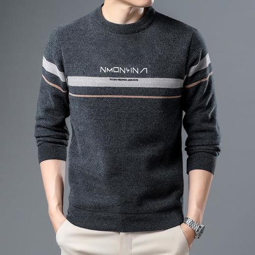 雪貂男士针织衫冬季新款加绒加厚条纹印花雪尼尔保暖休闲毛衣 商品图3