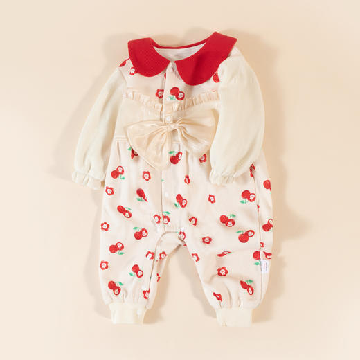 贝贝怡童装婴儿针织前开连体衣女宝宝樱桃印花哈衣春秋款宝宝上衣ZB3CL003 商品图2