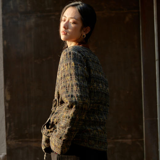 绽放850/【IP兰州系列】人字纹亚麻真丝拼接斜开襟新中式棉服棉衣 商品图2