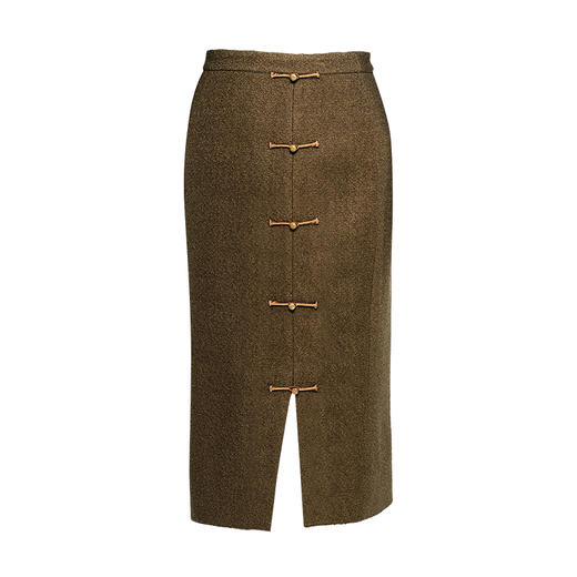 荷言HEYEN 阳关 咖啡色棕色羊毛呢旗袍盘扣开衩半裙老钱风新中式高级定制 商品图4