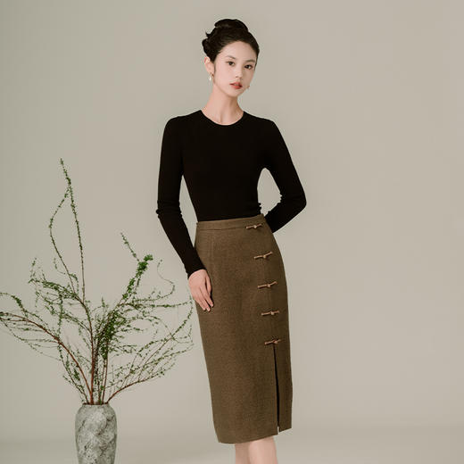 荷言HEYEN 阳关 咖啡色棕色羊毛呢旗袍盘扣开衩半裙老钱风新中式高级定制 商品图0