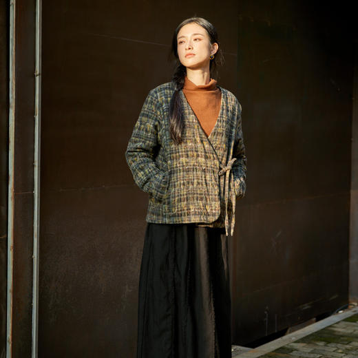 绽放850/【IP兰州系列】人字纹亚麻真丝拼接斜开襟新中式棉服棉衣 商品图0