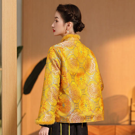 冬季新款，盘扣复古提花上衣国风新中式时尚夹棉拼毛短外套AYK-QF-231007 商品图2