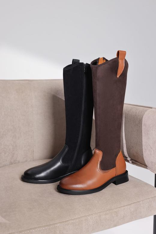 JEHURFIE复古拼接长筒靴头层牛皮法式优雅西部靴AB22971 商品图0