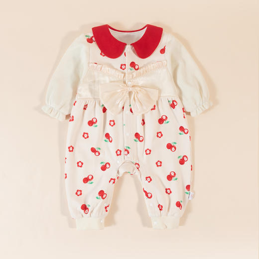 贝贝怡童装婴儿针织前开连体衣女宝宝樱桃印花哈衣春秋款宝宝上衣ZB3CL003 商品图1