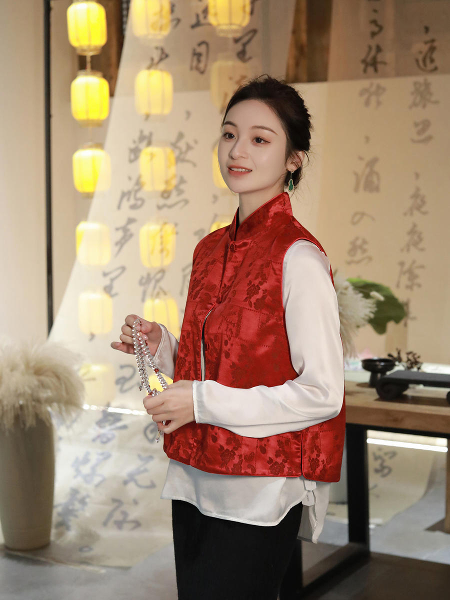 盛唐牡丹|真丝提花立领马甲 (夹棉)