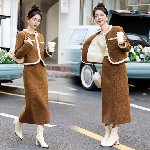 新款冬装，白鸭绒粗花呢套装拼接织带羽绒服HR-YJLY9007 商品图0