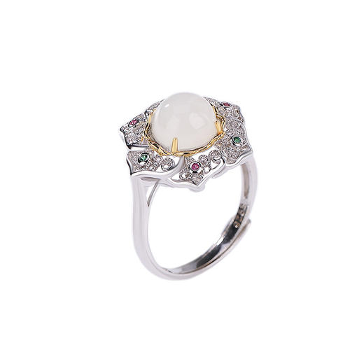 【清扬婉兮】S925银镀金和田玉白玉花丝如意镂空戒指耳钉【CW-ED02938】 商品图4