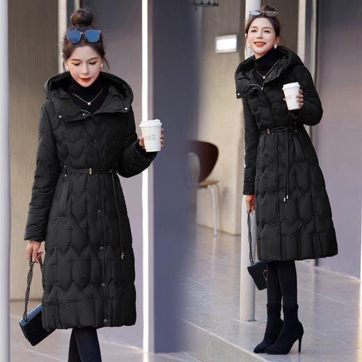 气质爆款，连帽保暖90白鸭绒新款冬装修身系带长款羽绒服（配腰带）HR-YJLY9018 商品图2
