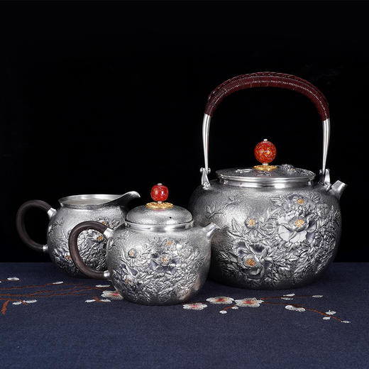 子佩集S990银【国色天香】牡丹提梁壶小茶壶公道杯摆件茶具套装【MH003】【MH005】【MH006】2311 商品图1