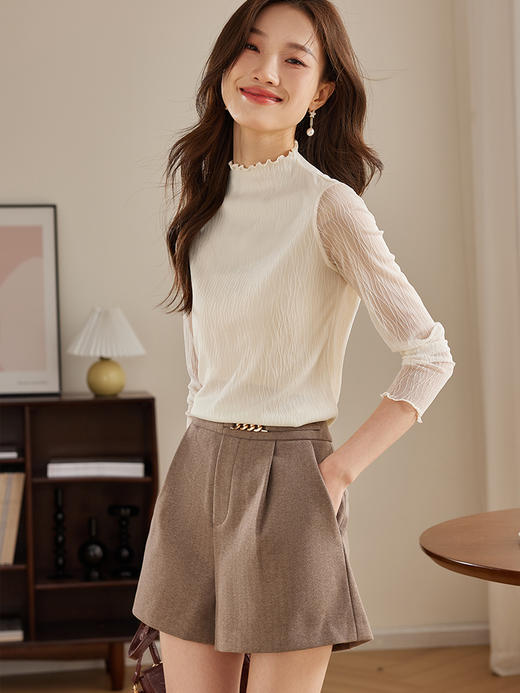 【年终特卖】熙世界肌理蕾丝打底衫女2025秋冬新款花边半高领内搭长袖T恤上衣 商品图7