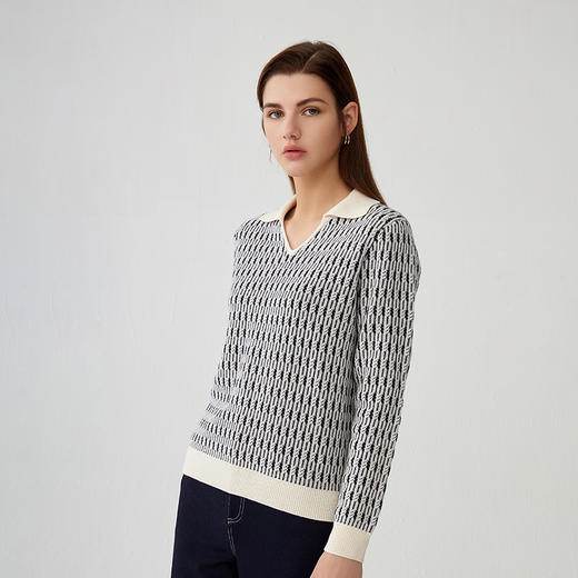 【V领撞色高织羊绒衫】羊绒时间秋冬新品女士100%山羊绒黑白撞色针织保暖毛衣 商品图2