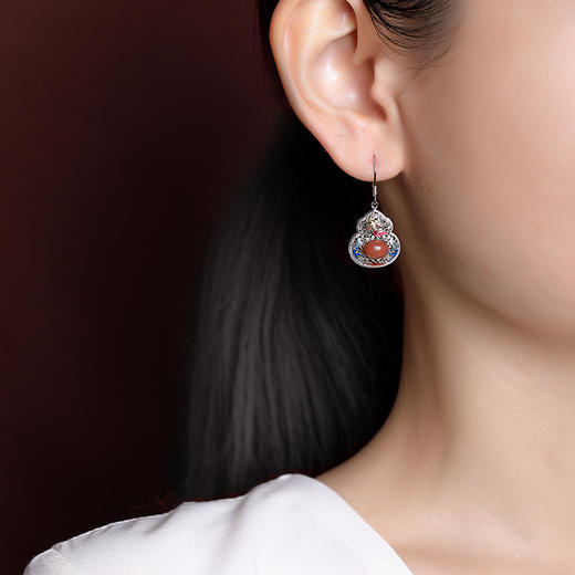【金鱼葫芦】S925银镀金南红景泰蓝花丝镂空耳饰【CW-EG01835】 商品图3