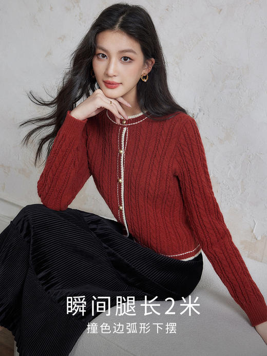 【年终特卖】熙世界小香风酒红色麻花毛衣开衫女秋冬新款撞色圆领针织衫短外套 商品图2