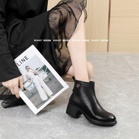 新品女士牛皮一脚蹬粗跟厚底女矮靴803B35575