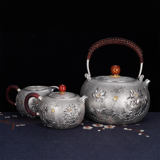 子佩集S990银【君子爱莲】提梁壶小茶壶公道杯摆件茶具套装【HY001】【HY002】【HY003】原创作品2311 商品图2