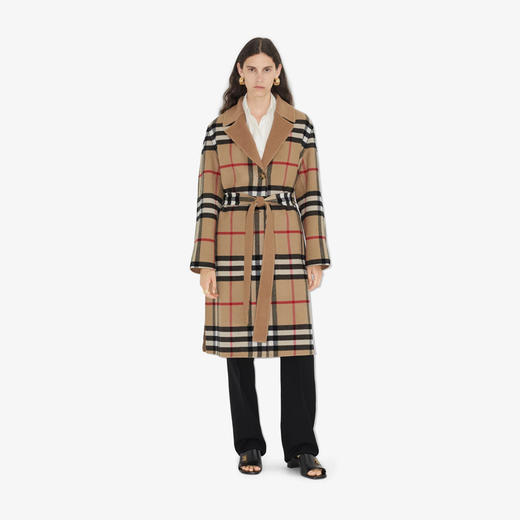 【二】BURBERRY 巴宝莉 女士双面两穿格纹羊毛大衣 驼色 8058171 A8731 商品图3