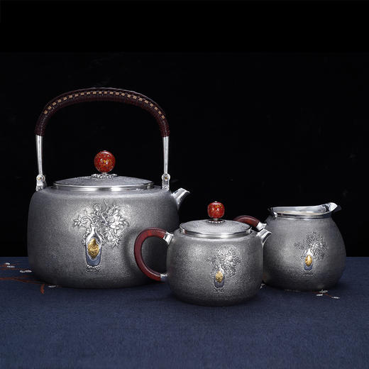 子佩集S999银【如意牡丹】提梁壶小茶壶公道杯摆件茶具套装【ZZ001】【ZZ002】【ZZ003】原创作品2311 商品图2