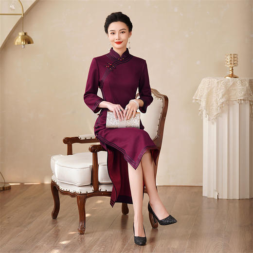 高档羊毛旗袍，七分袖中国风喜婆婆妈妈装连衣裙HQ-224 商品图3