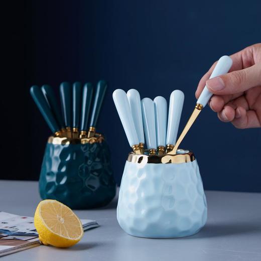 简约轻奢水果叉勺陶瓷收纳罐套装创意水果签家用不锈钢刀叉勺 商品图1