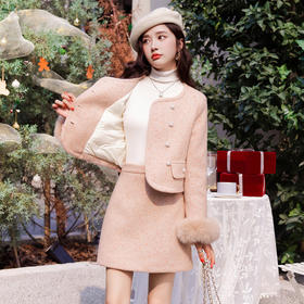 时尚羽绒服格纹真狐狸毛，短裙套装白鸭绒两件套HR-YJ8095