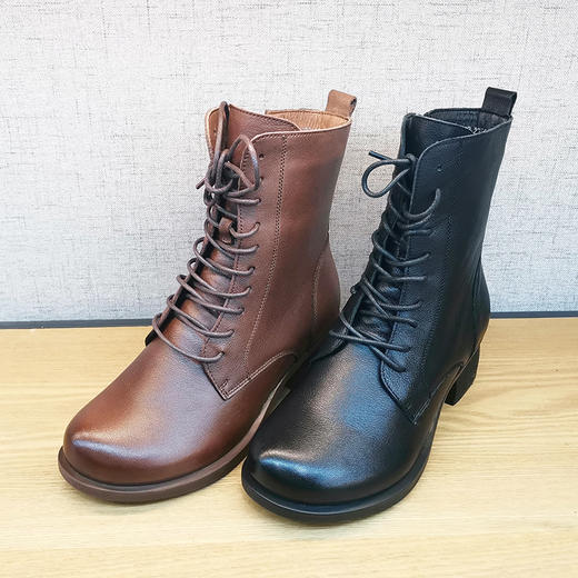 豪行21492602冬季新品时尚休闲真皮加绒棉靴粗跟保暖百搭拉链女靴 商品图1