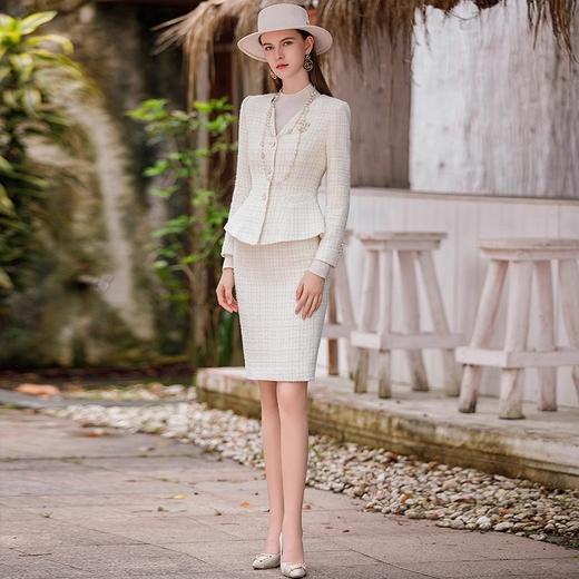 IWY米白色小香风羊毛外套粗花呢职业装西装套裙女秋冬时尚气质工作服CS1897 商品图3