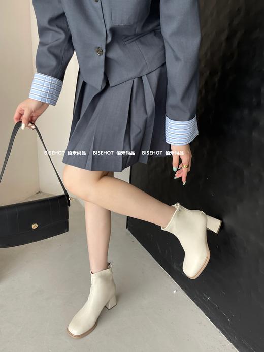 新品女士单层粗跟方头时尚矮靴962B35525（W） 商品图8